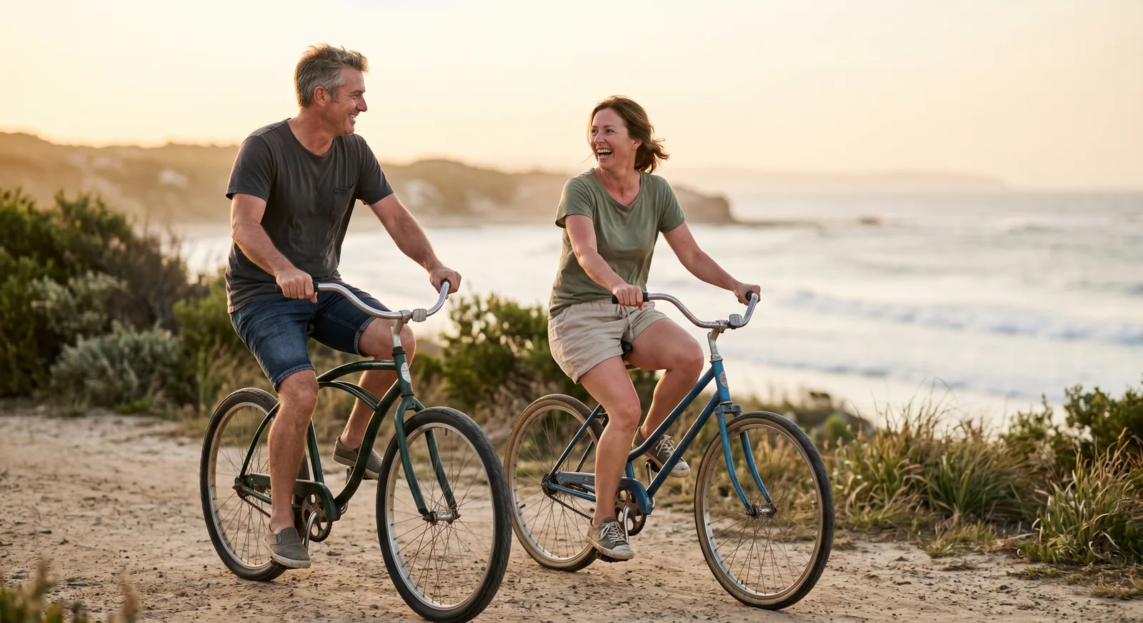 An active couple cycling along the coast